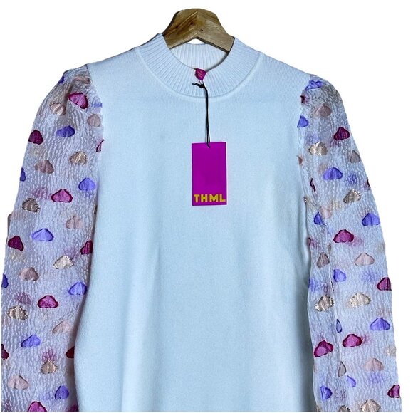 THML Heart Mesh Sleeve Top Size Medium NWT Casual Stretch Puff Sleeves - Picture 2 of 5